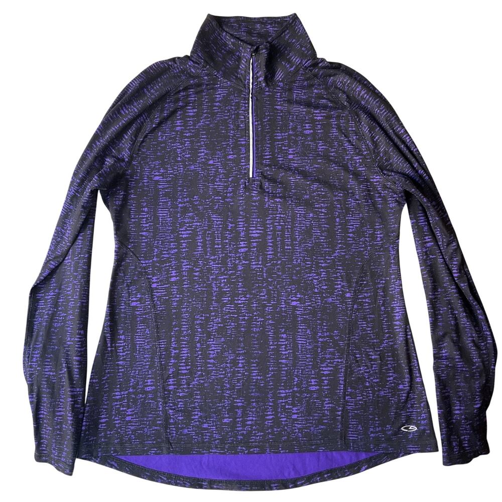 Champion Women Activewear Top L Purple Geometric Duodry Activewear Zip Thumbhole